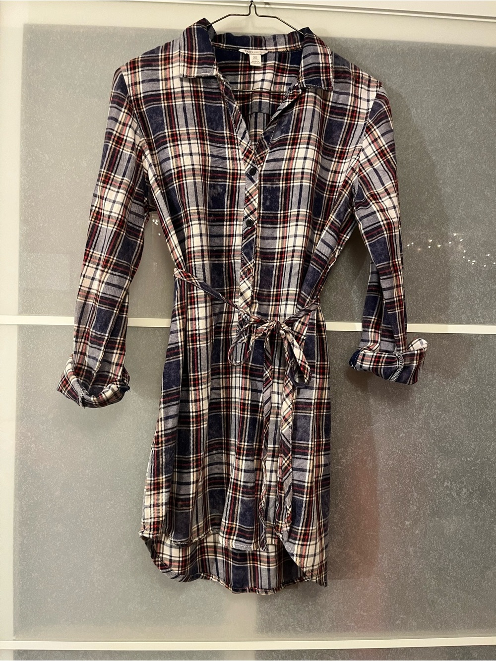Cato Plaid Button-Front Tie-Waist Dress in Navy, White & Red